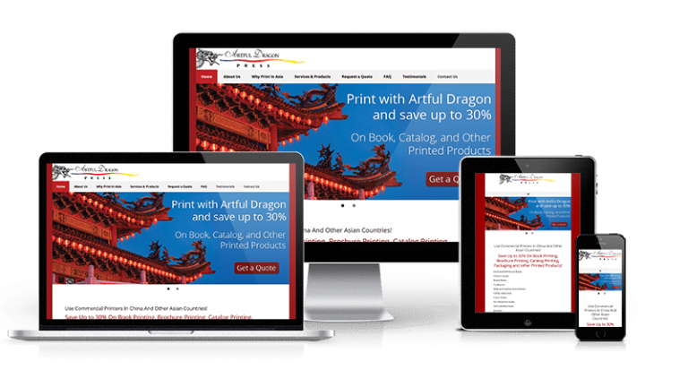 Artful Dragon website displayed on a smartphone, a tablet, a laptop and a desktop.