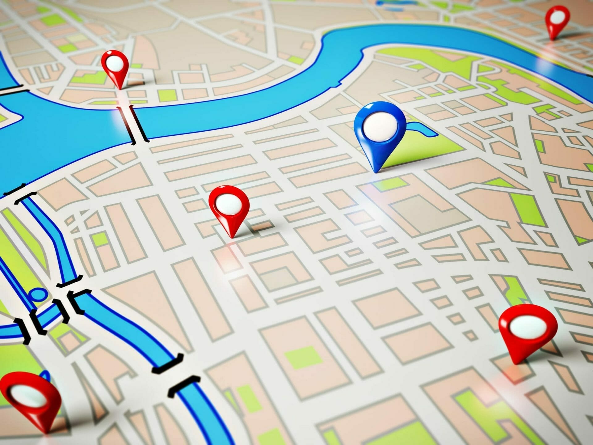 Graphic of a map with red and blue location indicators.