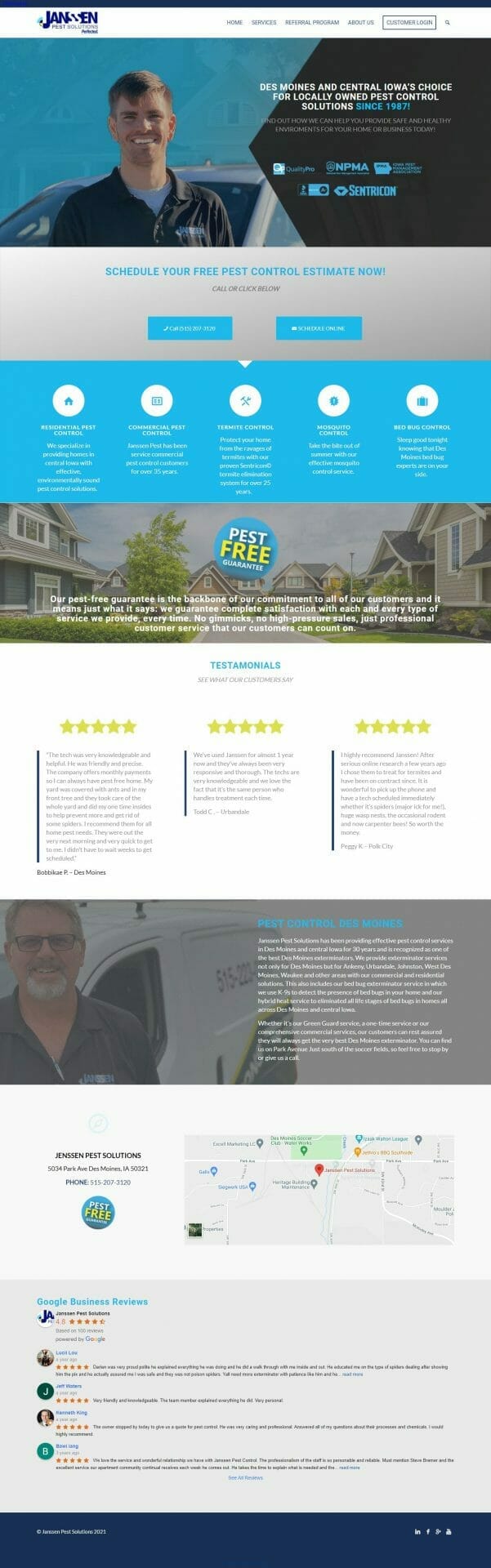 Screenshot of Janssen Pest Solutions HOME page