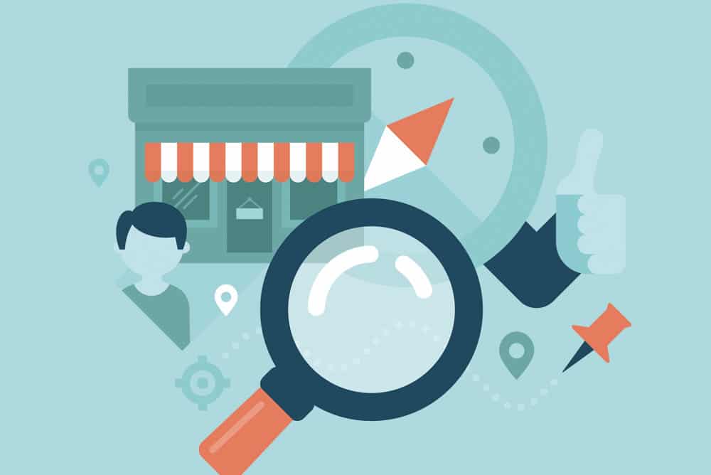 Cartoon drawing of Storefront, pin, person and magnifying glass to illustrate What is Local SEO