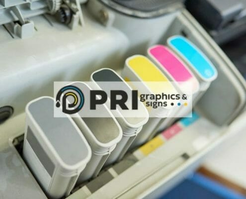 PRI Graphics logo over image of commercial color printer