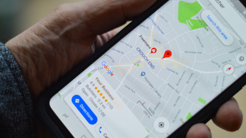 Cell phone displaying a locations map