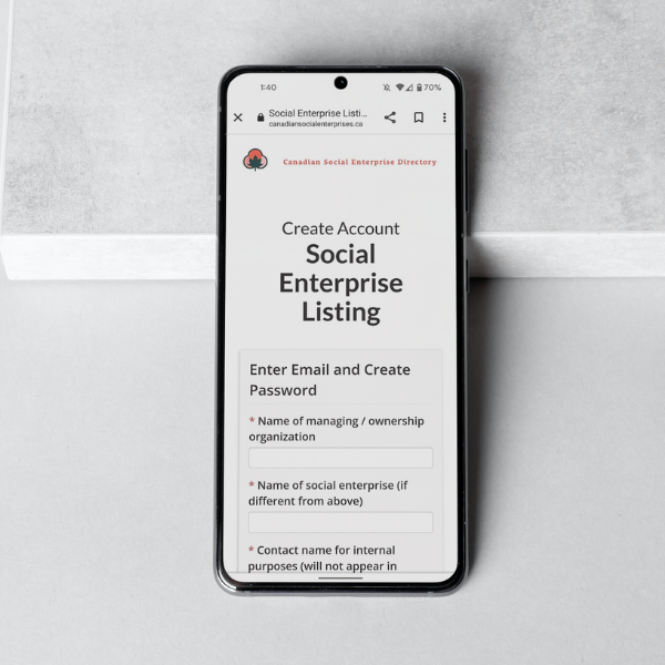 create an account page design on mobile for canadian social enterprises website