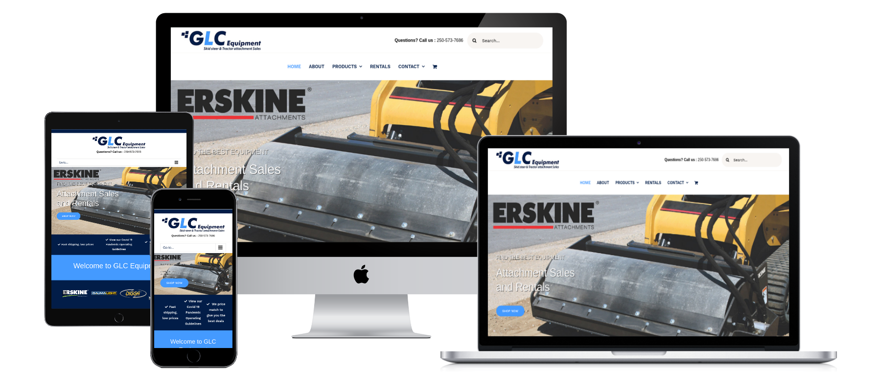 GLC Equipment website preview on desktop, laptop, tablet and mobile device.