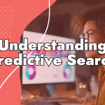 A person with curly hair and glasses works at a computer displaying data charts. Text overlay reads “Understanding Predictive Search SEO” on a red background with white graphic elements.