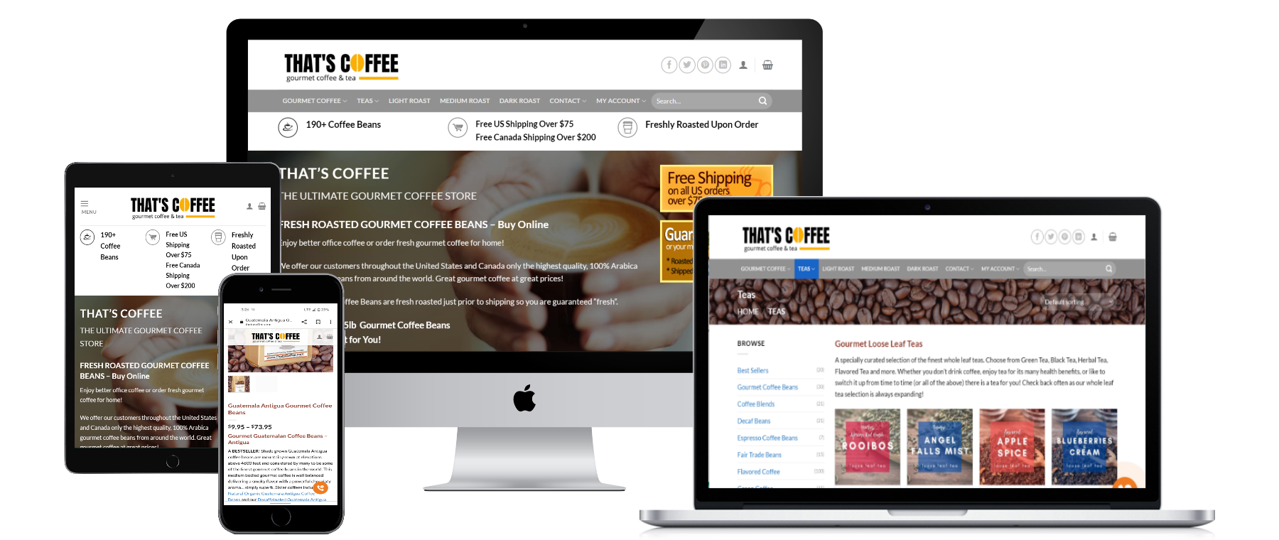 That's Coffee website displayed on Desktop, Laptop, Tablet and Smartphone.