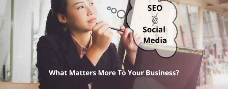 Woman with a bubble thought for SEO vs social media