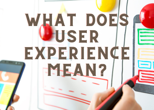 Person holding a smartphone and writing on a white board with the caption What Does User Experience Mean?