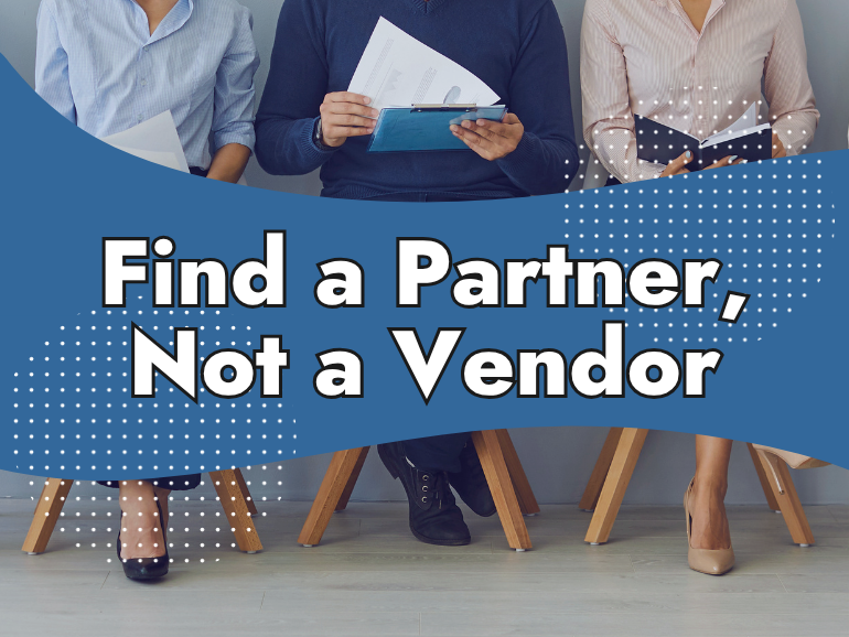 Three people sitting on chairs, holding documents, with the text "Find a Partner, Not a Vendor" on a blue, wavy background—highlighting the importance of choosing to hire an SEO company that truly understands your business.