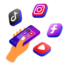Cartoon drawing of a hand holding a smartphone with 4 social media icons displayed.