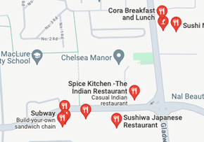 Close up of a Google map showing local restaurant locations.