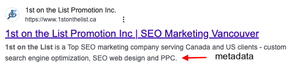 Serp with arrow showing meta data