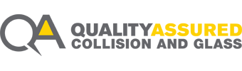 Logo for "Quality Assured Collision and Glass" featuring large stylized letters "QA" in gray, with a yellow triangle inside the letter "A." The text "QUALITY ASSURED" is in bold, with "ASSURED" in yellow and the rest in gray.