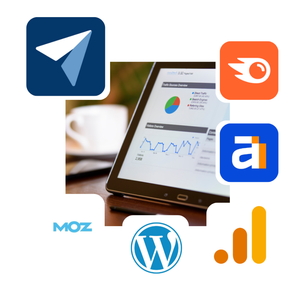 A tablet displaying analytics graphs is surrounded by logos: a paper airplane, an orange square with a circular arrow, a blue "a," "Moz," the WordPress symbol, and a bar chart icon. A coffee cup is blurred in the background.