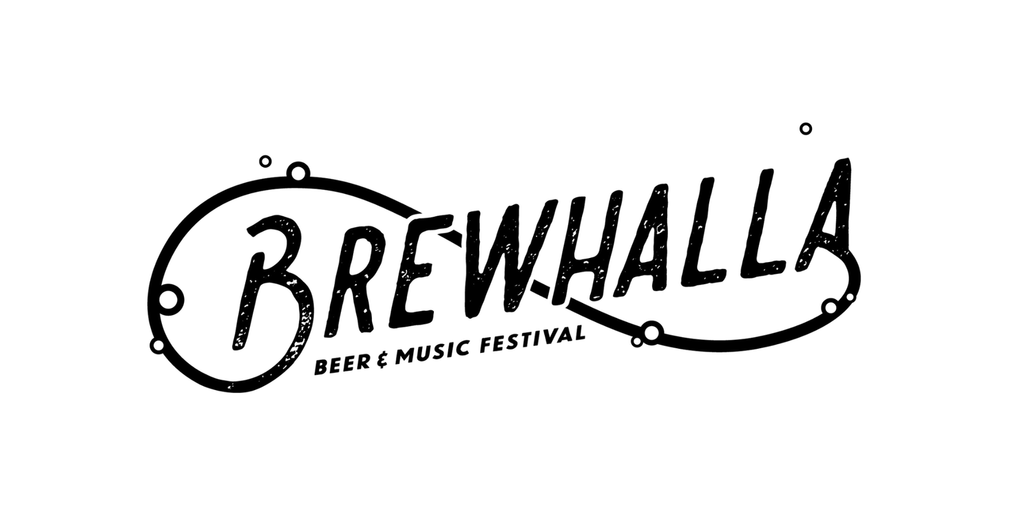 Logo for "Brewhalla Beer & Music Festival" in bold, stylized text. The design features decorative swirls and dots around the letters, giving a festive vibe. The words "Beer & Music Festival" are beneath the main text.