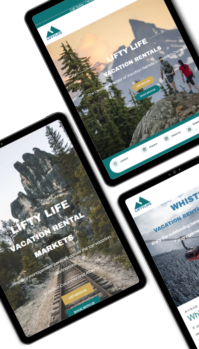 Three digital screens displaying a vacation rental website with images of scenic landscapes, including mountains and trees. The interface shows options for vacation rentals, property management, and booking services.