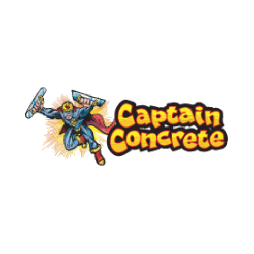 Image of a superhero in a blue and yellow costume flying with tools in each hand. "Captain Concrete" is written in bold, orange, comic-style letters next to the superhero.
