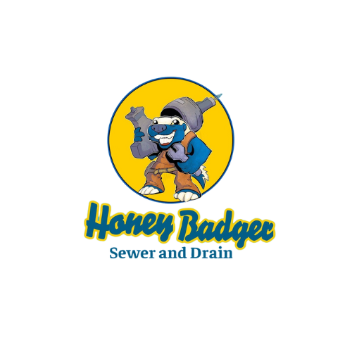 Cartoon honey badger wearing overalls and boots, holding a large wrench and a pipe. Blue circular background with "Honey Badger Sewer and Drain" text below in stylized font.