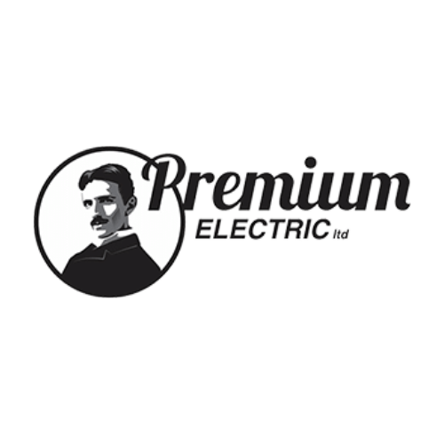 Logo of Premium Electric Ltd featuring a monochrome illustration of a man with a mustache inside a circle, followed by the company name in stylized font.
