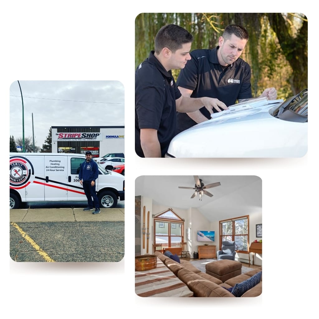 Collage of three images: two men reviewing papers outside a vehicle, person posing by a plumbing van in front of a shop, and a cozy living room with a sofa, armchair, coffee table, and large windows.