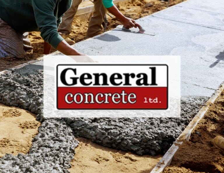Two workers smooth wet concrete on a construction site. The logo for "General concrete ltd." is superimposed in the center of the image.