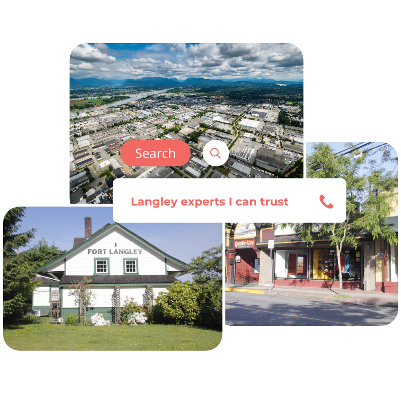 Collage of three images: an aerial view of Langley with a "Search" overlay, a historic building labeled "Fort Langley," and a small-town street with shops. There's a text overlay reading "Langley experts I can trust.