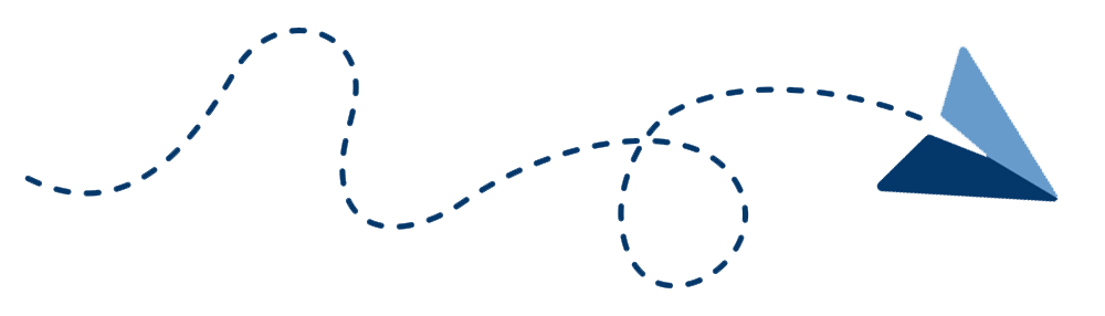 A curved, dashed arrow in a dark blue color leading to a stylized, gradient blue arrowhead pointing to the right.