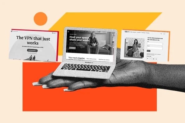 Collage of a hand holding a silver laptop with various floating website screenshots. The background is cream with orange geometric shapes.