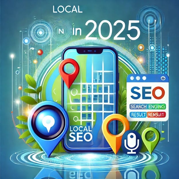 Futuristic graphic of local SEO in 2025. Features smartphone with map, location pins, and SEO interface. Includes microphone icon and foliage. Text: "Local in 2025". High-tech, digital theme with vibrant colors.