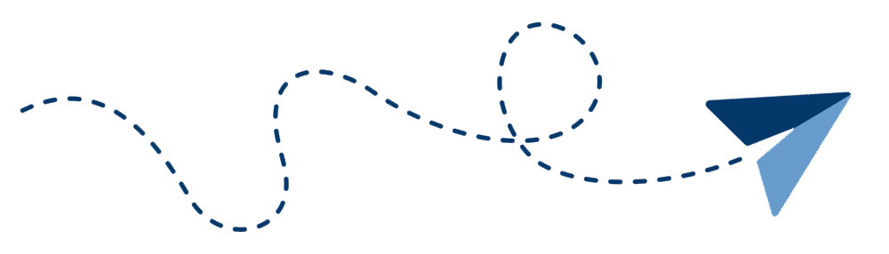 A simple illustration of a blue paper plane with a dotted trail curving behind it, symbolizing motion and travel on a white background.