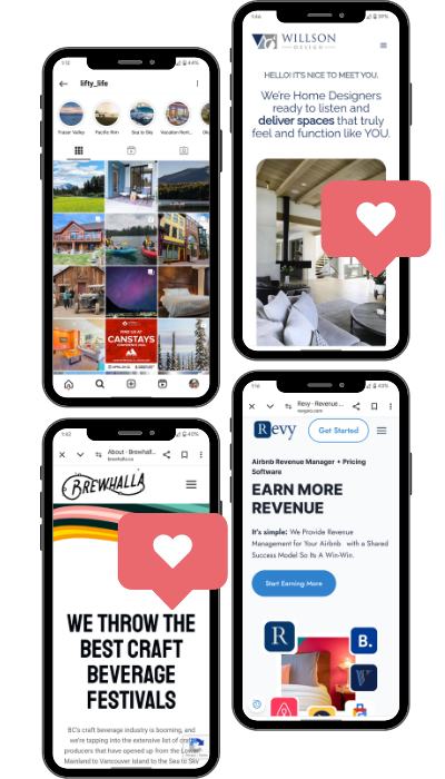 A collage of four smartphone screens showing different apps or websites. Each screen has a heart-shaped icon, suggesting likes or favorites. The content includes home design, social media, craft beverage festivals, and revenue management topics.
