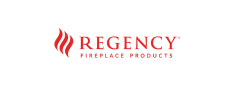 Logo of Regency Fireplace Products. The logo includes the word "Regency" in bold red letters, accompanied by a stylized flame on the left side.