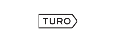 Logo of Turo in bold black letters on a white background, with an arrow pointing to the right around the text.