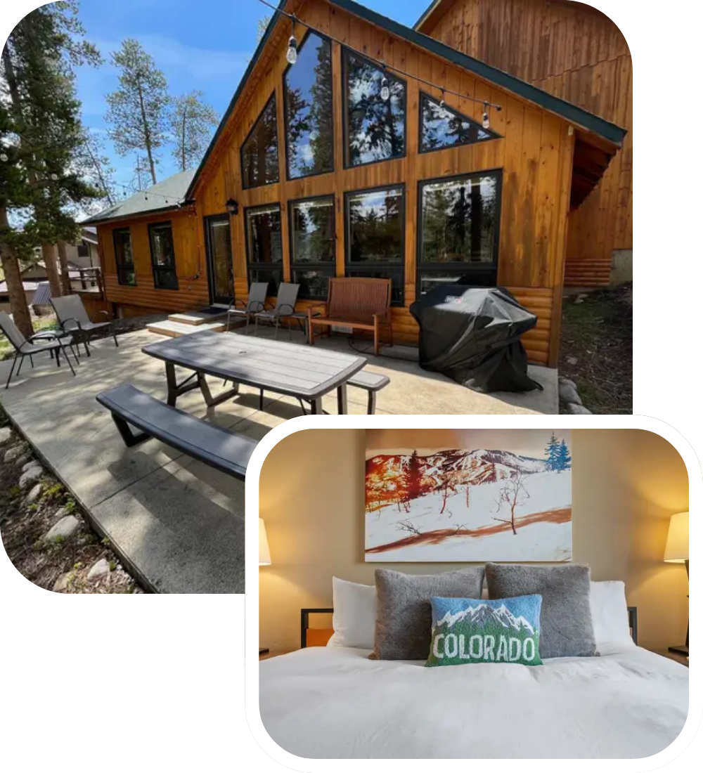 A wooden cabin with large windows, a patio with outdoor furniture, and a grill. Inset shows a cozy bedroom with a bed, pillows, and a painting of mountains, with a pillow displaying "Colorado.