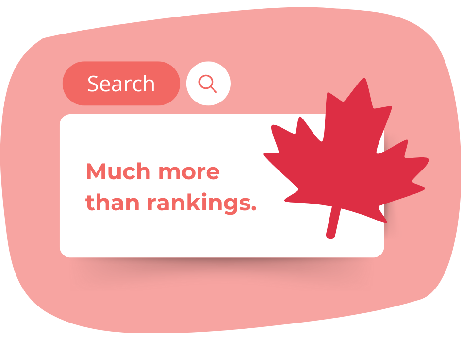 Search bar with "Much more than rankings" text, accompanied by a red maple leaf graphic on a red background.