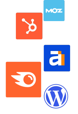 Logos of various digital marketing tools: Moz (light blue with white text), HubSpot (orange with white hub graphic), Ahrefs (blue with 'a' and orange bar), Semrush (orange with white flame), and WordPress (dark circle with 'W').
