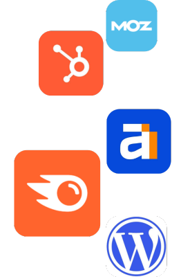 Logos of five digital marketing tools: HubSpot, Moz, Ahrefs, Semrush, and WordPress, arranged in a cluster. Each logo is distinct with unique colors and designs representing the respective brands.