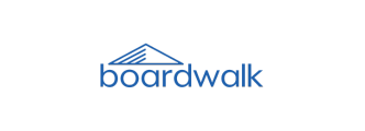 Logo with the word "boardwalk" in blue lowercase letters. Above the text is a triangular design composed of five slanted lines, resembling a stylized roof or pathway. The background is white.