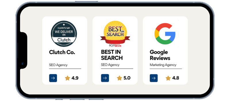 A smartphone screen displays three award badges. Left: Clutch Co., SEO Agency, 4.9 stars. Middle: Best in Search, TOPSEOs, SEO Agency, 5.0 stars. Right: Google Reviews, Marketing Agency, 4.8 stars.