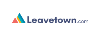 Logo of Leavetown.com featuring a stylized mountain with colorful layers in orange, yellow, green, and blue to the left of the website name in blue text.