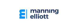 Logo of Manning Elliott featuring a stylized "E" in blue on the left and the name "manning elliott" in lowercase, blue letters on the right.