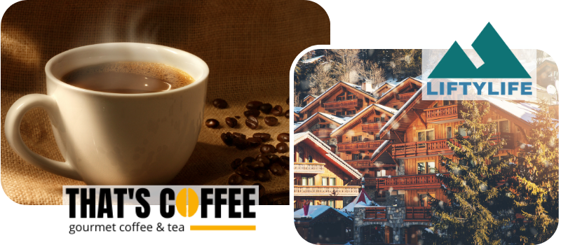 A steaming cup of coffee sits on a burlap surface surrounded by coffee beans with "That's Coffee" text partially visible. Next to it, a snowy mountain resort with wooden chalets and evergreen trees, displaying the "Liftylife" logo.