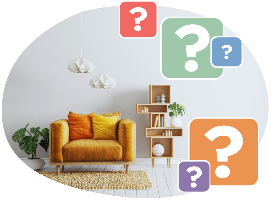 A cozy living room with a mustard yellow armchair, green plant, and modern shelves. Three pendant lights hang above, with colorful question mark icons overlaying the image.