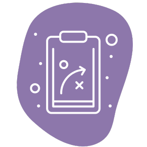 Illustration of a clipboard with a strategy diagram featuring arrows, circles, and an 'X'. It is set against a purple, irregularly shaped background with small dots scattered around.