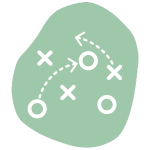 A green blob shape with white game strategy symbols featuring circles, crosses, and arrows depicting a plan or tactic.