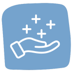 A white outline of an open hand facing upward with sparkling stars above it on a blue background.