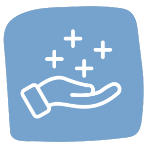 A white outline of an open hand facing upward with sparkling stars above it on a blue background.