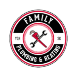 Logo of "Family Plumbing & Heating" featuring a red and black color scheme. It shows a crossed wrench and pipe wrench in the center, surrounded by the company's name in circular text.