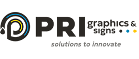 Logo of PRI Graphics & Signs featuring a stylized letter "P" with circular design elements. The text reads "PRI graphics & signs" and "solutions to innovate" below.