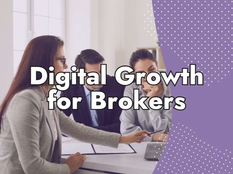 Three people in business attire sit at a table with documents and a laptop. Large text over a purple background overlay reads, "SEO for Insurance Brokers: Digital Growth Made Easy.